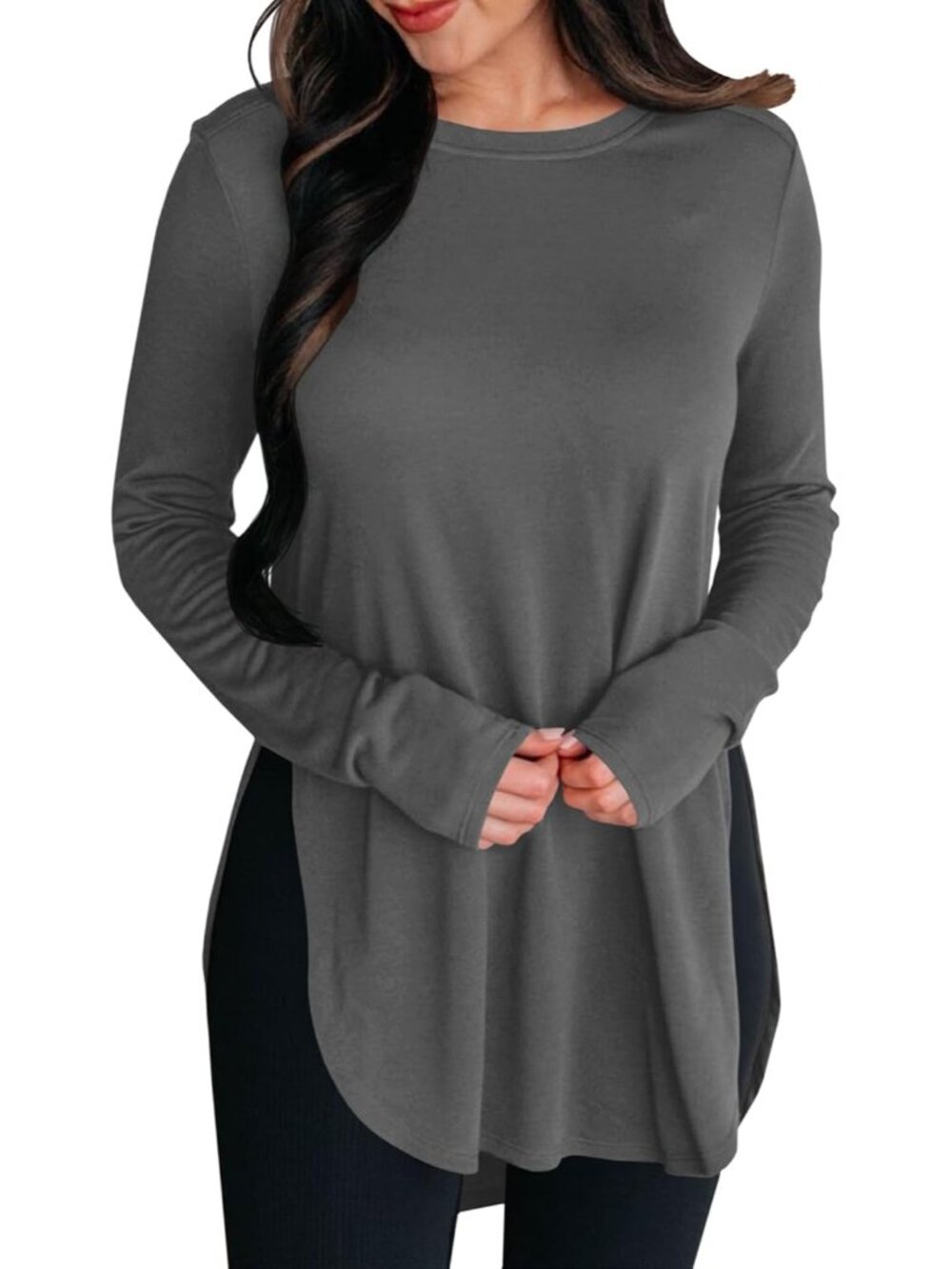 Womens Long Sleeve Shirts Side Split Tunics Tops to Wear with Leggings